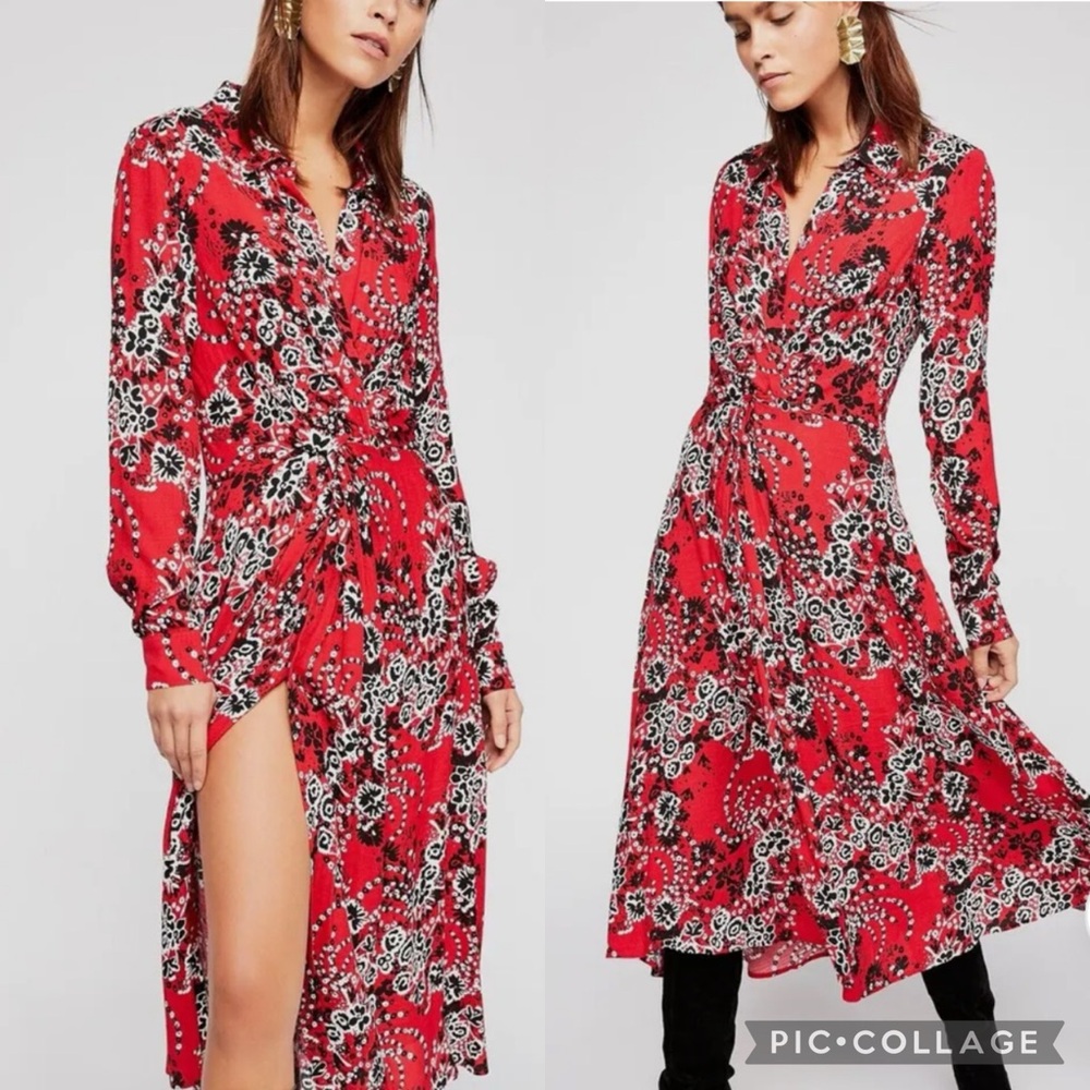 FREE PEOPLE TOUGH LOVE PRINTED MIDI SHIRT DRESS IN RED & BLACK Size 12
